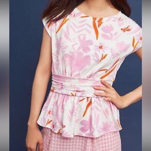 Anthropologie Postage Stamp White Pink Floral Peplum Sleeveless Blouse